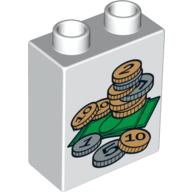 Lego Duplo Brick 1 x 2 x 2 with Coins and Notes Print / White