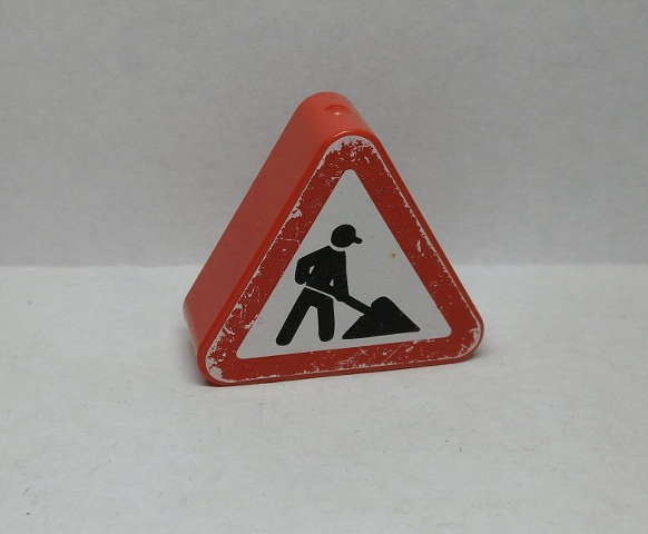 Lego Duplo, Brick 1 x 3 x 2 Triangle Road Sign with Construction Worker Pattern (Sticker) - Sets 9207 / 9211