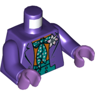 Lego Torso Jacket, Open over Dark Turquoise Vest and Orange Shirt, Dark Turquoise Bow with White Spots Print, Dark Purple Arms, Medium Lavender Hands / Dark Purple