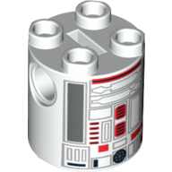 Lego Brick Round 2 x 2 x 2 Robot Body, Axle Holder '+' Orientation with Red and Silver Astromech Droid Print (R4-G0) / White