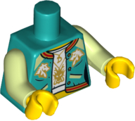 Lego Torso Female Jacket with White Undershirt, Red Trim and Horse Heads, Pockets, Necklace, and Yellow Midriff Pattern / Yellowish Green Arms / Yellow Hands