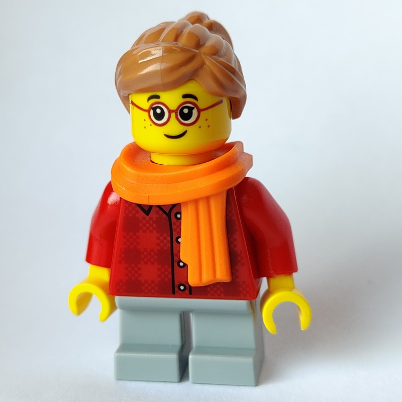 Lego Girl, Red Flannel Shirt, Short Light Bluish Gray Legs, Orange Scarf, Glasses
