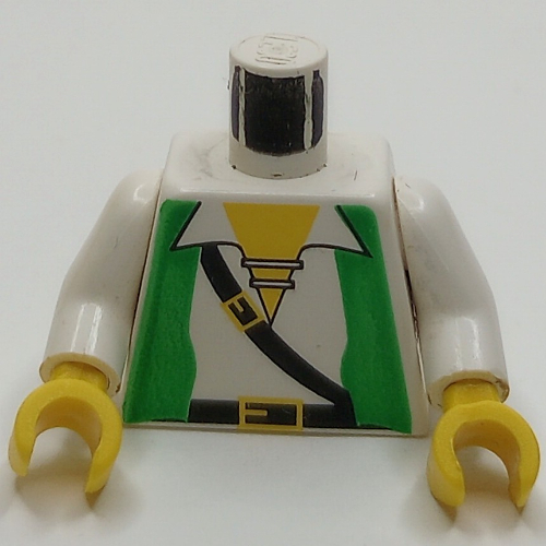 Lego Torso Green Vest, Open Shirt, and Black Crossbelt Print, White Arms, Yellow Hands / White