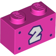 Lego Brick 1 x 2 with White '2', Dark Purple Border, Dots print / Dark Pink