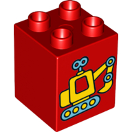 Lego Duplo Brick 2 x 2 x 2 with Yellow and Medium Azure Toy Excavator Print / Red