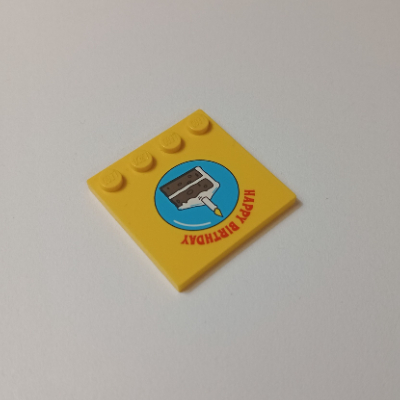 Lego Plate Special 4 x 4 with Studs on One Edge with Birthday Cake and Happy Birthday Print / Yellow