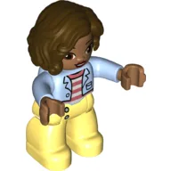 Duplo Figure with Long Hair Parted on Left Brown, with Bright Light Yellow Legs, Pink and White Striped Shirt and Jacket Print / Bright Light Blue
