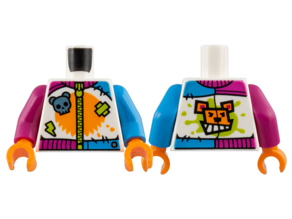 Lego Torso Jumpsuit, Orange Panel, Metallic Light Blue Bear Skull, Lime Zipper, Patch and Lightning Pattern / Dark Azure Arm Left / Magenta Arm Right / Orange Hands