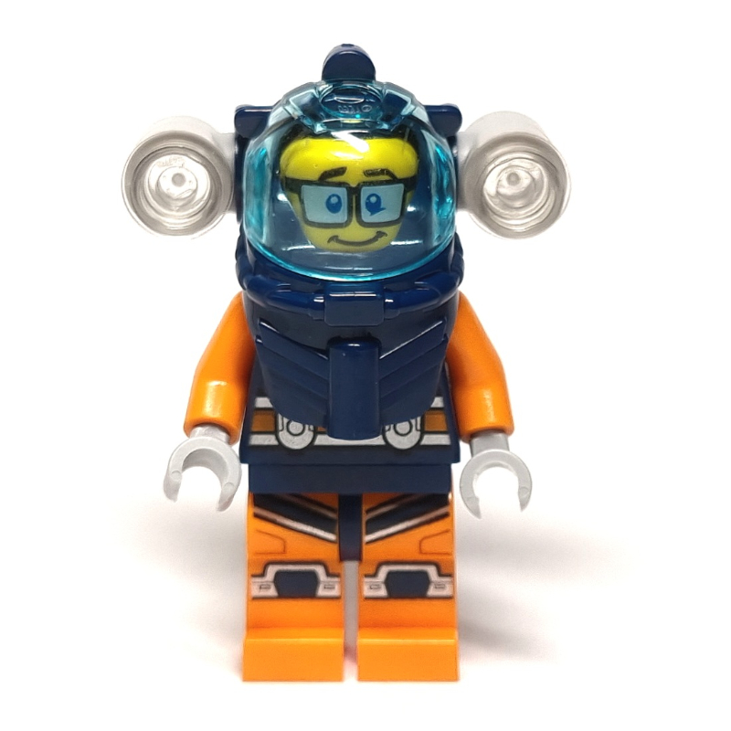 Lego Diver, Man, Dark Blue and Orange Wetsuit, Dark Blue Diving Helmet with Flashlights and Visor, Glasses