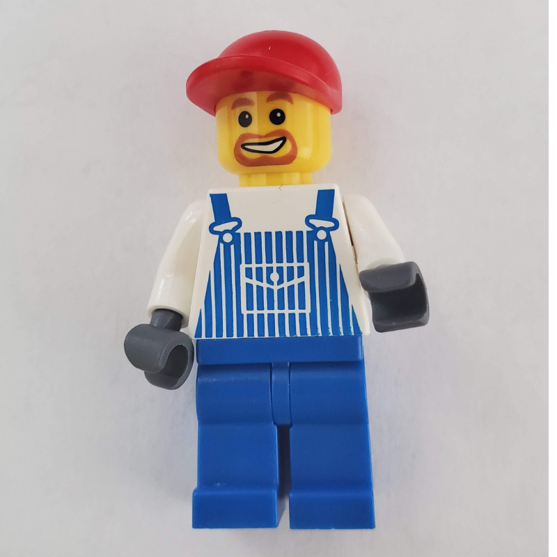 Lego Man, Blue and White Striped Overalls, Red Cap, Goatee Beard
