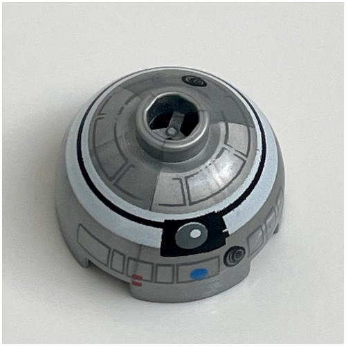 Lego Brick Round 2 x 2 Dome Top, Blocked Open Stud, Bottom Axle Holder with White and Black Print (R2-Q2) / Flat Silver