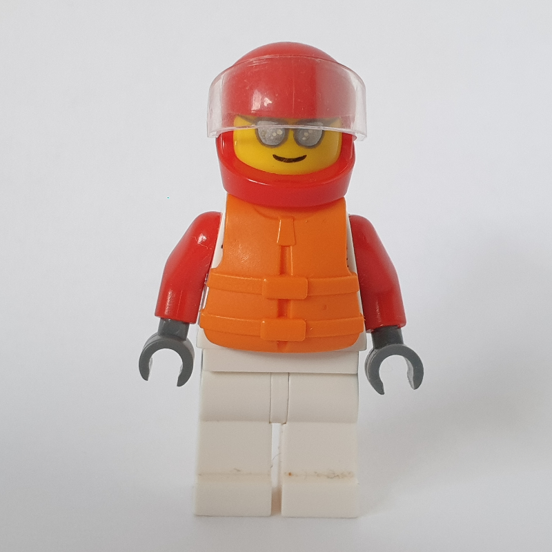Lego Racer, White and Red Jumpsuit, Red Helmet with Visor, Sunglasses