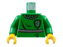 Torso HP Slytherin Quidditch Uniform with Silver Stripe, Ribbed Collar and Snake on Dark Green Badge Pattern / Green Arms / Yellow Hands