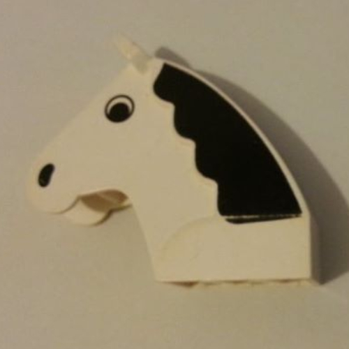 Lego Animal Body Part, Horse Head 2 x 6 x 4 1/2 with Black Mane Print / White