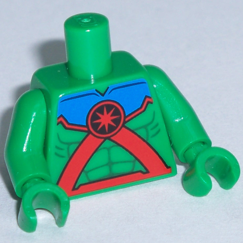 Lego Torso Muscles Outline with Red Straps, Medallion and Blue Top Print, Green Arms and Hands / Green