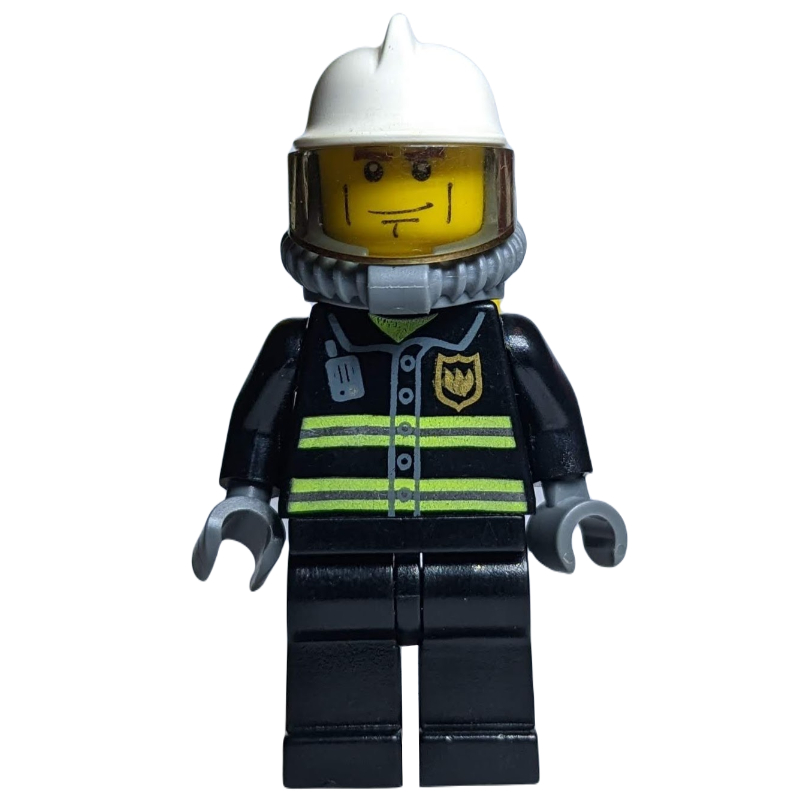 Lego Fireman, Black Fire Jacket with Reflective Stripes, Radio, and Badge, White Helmet, Breathing Apparatus, Airtanks, Cheek Lines