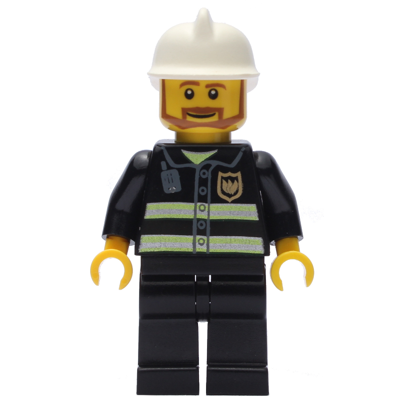 Lego Fireman, Black Fire Jacket with Reflective Stripes, Radio, and Badge, White Helmet, Angular Beard
