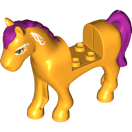 Lego Animal, Horse with 2 x 2 Cutout - Bright Light Orange Eyes with White Face and Neck Decoration - Magenta Mane and Tail each with 1.5 hole / Bright Light Orange