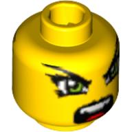 Lego Minifig Head Hitomi, Dual Sided, Green Eyes, Slight Smirk / Open Mouth Print [Blocked Open Stud] / Yellow