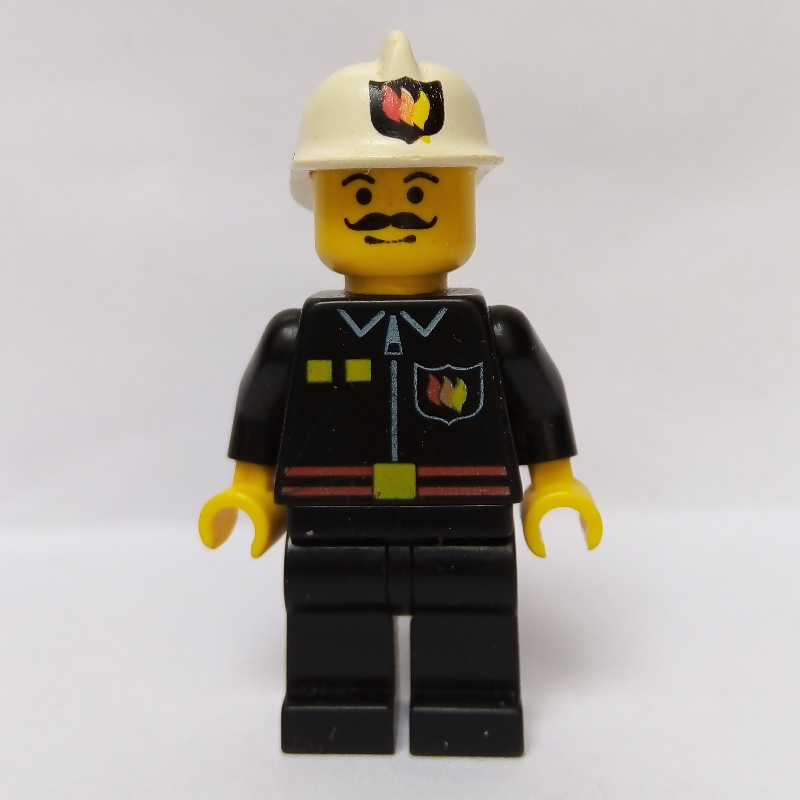 Lego Fireman, Black Fire Jacket with Red Belt and Badge, White Helmet with Fire Logo, Moustache