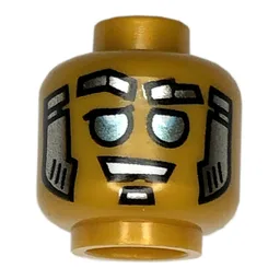 Minifig Head Bass Bot, Blue Eyes, Silver and Gold Sideburns and Goatee Print / Pearl Gold