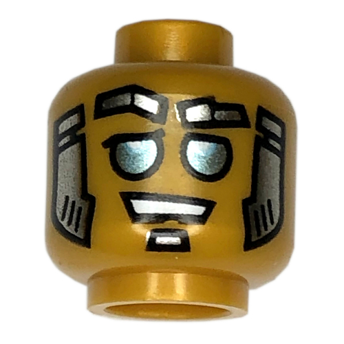 Lego Minifig Head Bass Bot, Blue Eyes, Silver and Gold Sideburns and Goatee print / Pearl Gold