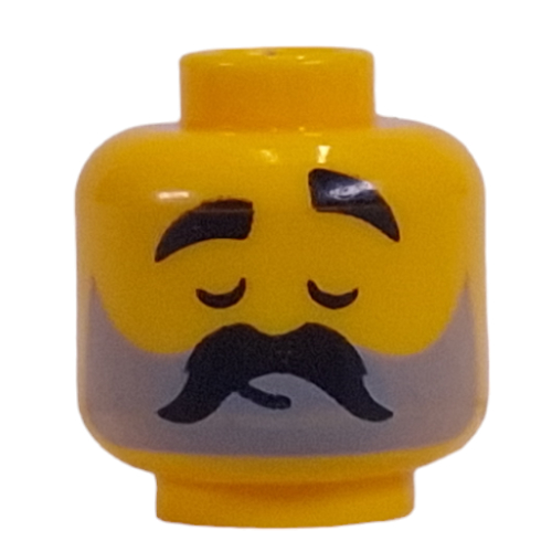 Lego Minifig Head Dark Bluish Grey Beard, Long Black Moustache, Eyes Open / Closed print / Yellow