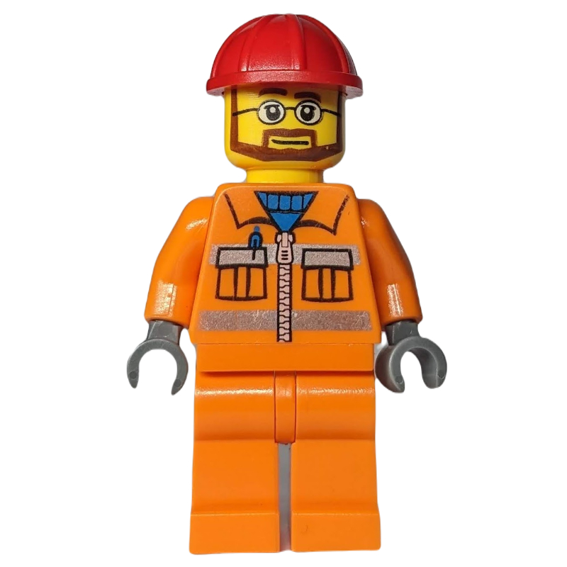 Lego Construction Worker, Orange Jacket with Zipper and Reflective Stripes, Orange Legs, Red Hard Hat, Beard and Glasses