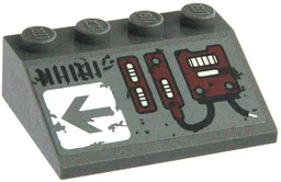 Slope 33 3 x 4 with Dark Red Mechanical Panels and Arrow on Worn White Background Pattern Model Left Side (Sticker) - Set 70009