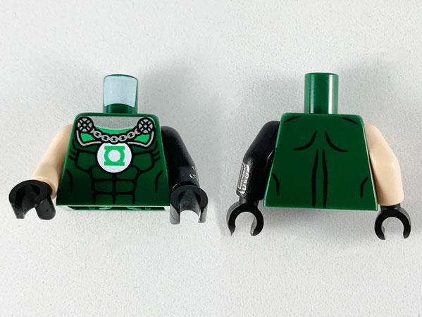 Lego Torso Muscles Outline, Green Lantern Logo, Silver Chain Pattern / Black Arm Left with Silver Cuff Pattern / Light Nougat Arm Right / Black Hands