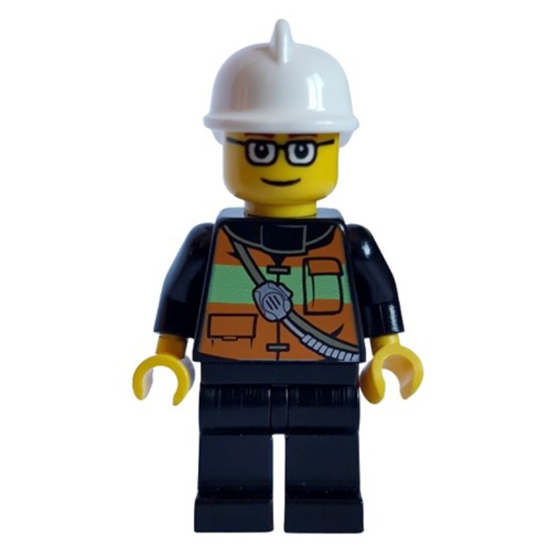Lego Fireman with Reflective Stripe Vest with Pockets and Radio on Shoulder Strap, White Helmet, and Glasses