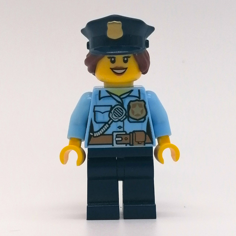 Lego Policewoman, Bright Light Blue Shirt with Radio and Badge, Dark Blue Legs, Police Hat with Badge, Open Mouth