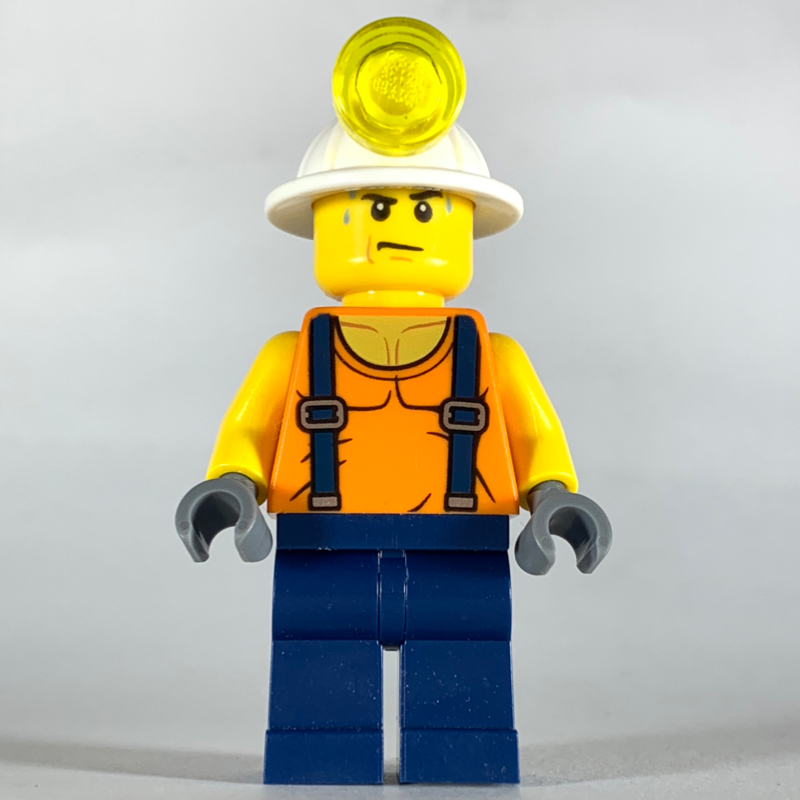 Lego Miner, Orange Vest with Suspenders, Mining Hat, Sweat Drops