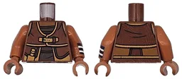 Torso Vest with Medium Nougat Trim, Pouch and Strap with Buckle over Dark Brown Shirt, Sienna Neck Pattern / Sienna Arm Left with Dark Blue and White Striped Wristband Pattern / Sienna Arm Right / Sienna Hands