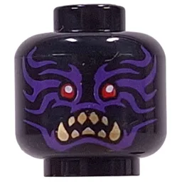 Minifig Head Zarkt, Red Eyes, Dark Tan Sharp Teeth, Fangs, Dark Purple Markings, Closed Mouth / Open Mouth / Black
