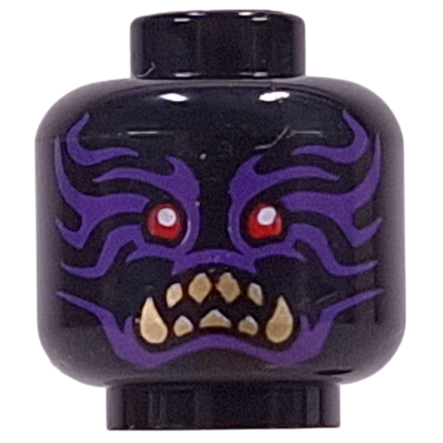 Lego Minifig Head Zarkt, Red Eyes, Dark Tan Sharp Teeth, Fangs, Dark Purple Markings, Closed Mouth / Open Mouth / Black