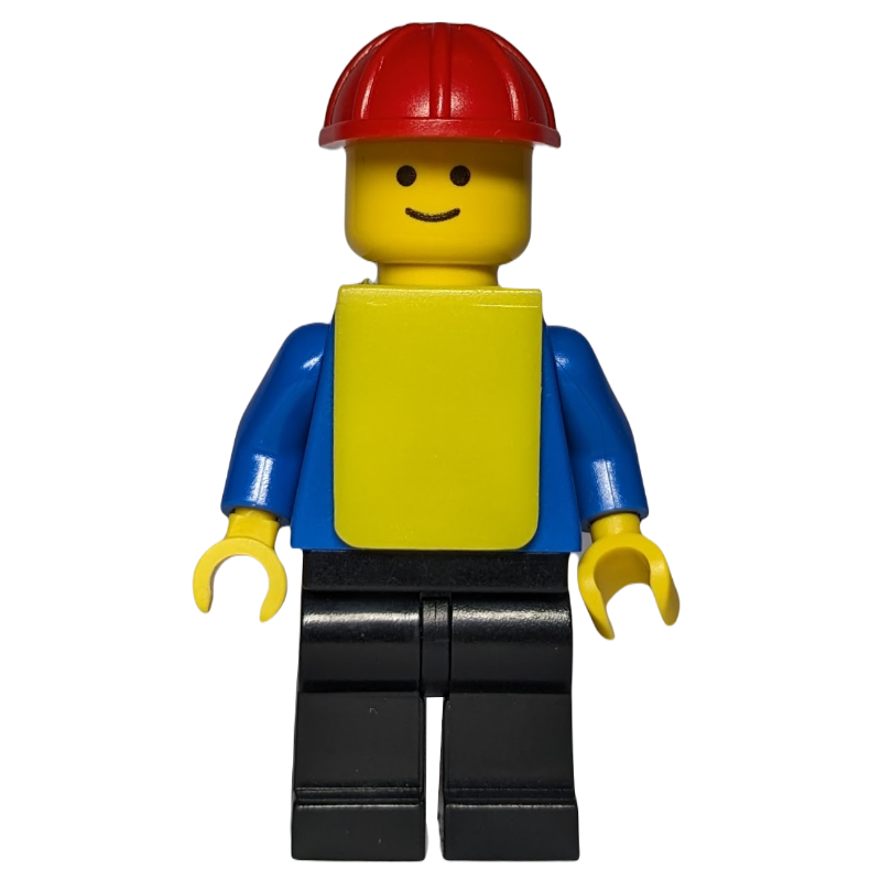 Lego Construction Worker, Blue Torso, Black Legs, Red Hard Hat, Yellow Vest