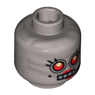 Lego Minifig Head Velma Staplebot, Female, Red Eyes, 4 Mouth Squares, Beauty Mark and Headset Print / Flat Silver