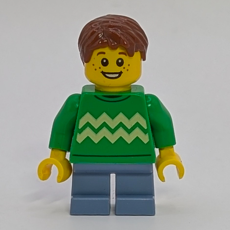 Lego Boy, Bright Green Sweater, Short Sand Blue Legs
