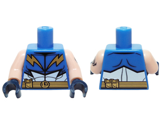 Lego Torso Lightning Lad Muscles, Gold Belt, Pouches Pattern / Light Nougat Arm Left with Tattoo Pattern / Light Nougat Arm Right / Dark Blue Hands
