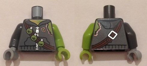 Lego Torso Hoodie with Zipper, Torn Shoulder, Bandolier with 3 Toxic Bulbs Pattern / Lime Arm and Hand Left / Dark Bluish Gray Arm Right  / Light Bluish Gray Hand Right