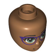 Lego Minidoll Head Dark Purple Glasses, Green Eyes print / Medium Nougat