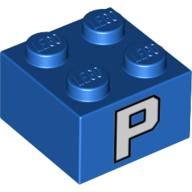Lego Brick 2 x 2 with White 'P' Print / Blue