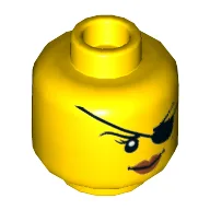 Minifig Head Cyren / Pirate, Dual Sided, Eyepatch, Smile / Angry Mouth with Teeth Print [Hollow Stud] / Yellow