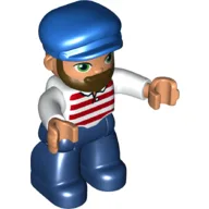 Duplo Figure with Cap Blue, with Beard, Dark Blue Legs, Red and White Striped Shirt Print / White