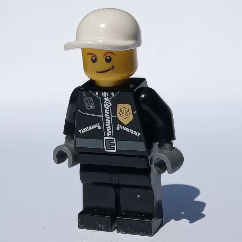 Lego Policeman, Black Jacket with Zipper, Radio, Badge, and 'POLICE' on Back, White Cap (3626c Head)
