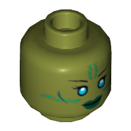 Lego Minifig Head Jedi, Blue Eyes, Green Markings and Dark Green Lips Print [Hollow Stud] / Olive Green