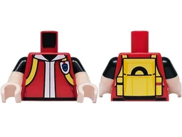 Torso Vest with White Trim, Black Neck and Hem, Yellow Backpack with Straps and Partial Ring Pattern / Light Nougat Arms with Molded Black Short Sleeves Pattern / Light Nougat Hands