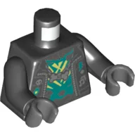 Torso, Jacket, Open over Dark Turquoise Undershirt, Necklace with Bone Print, Black Arms, Dark Bluish Gray Hands / Black