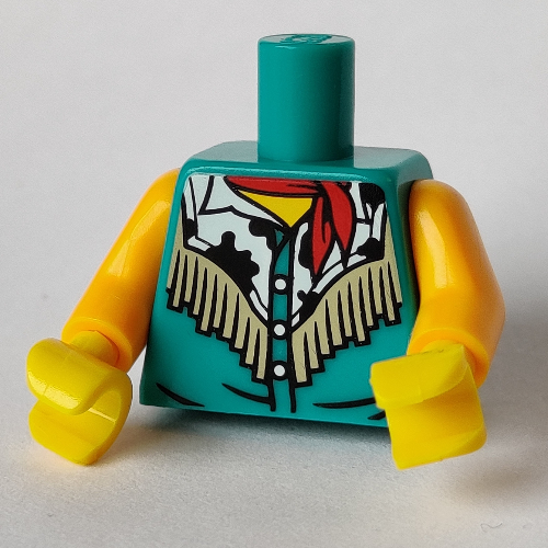 Lego Torso Vest with Tassels, Red Bandana, Cowhide Pattern Print, Bright Light Orange Arms, Yellow Hands / Dark Turquoise